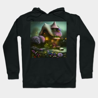 Sparkling Fantasy Cottage with Lights and Glitter Background in Forest, Scenery Nature Hoodie